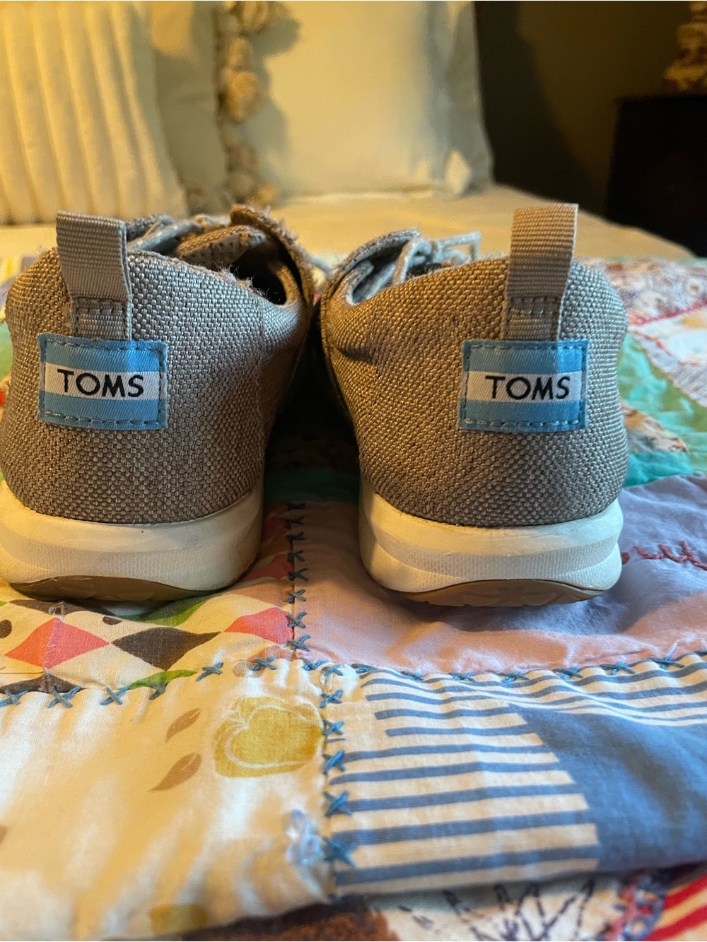 TOMS Taupe Canvas Slip-On Sneakers with Blue Logo Tabs